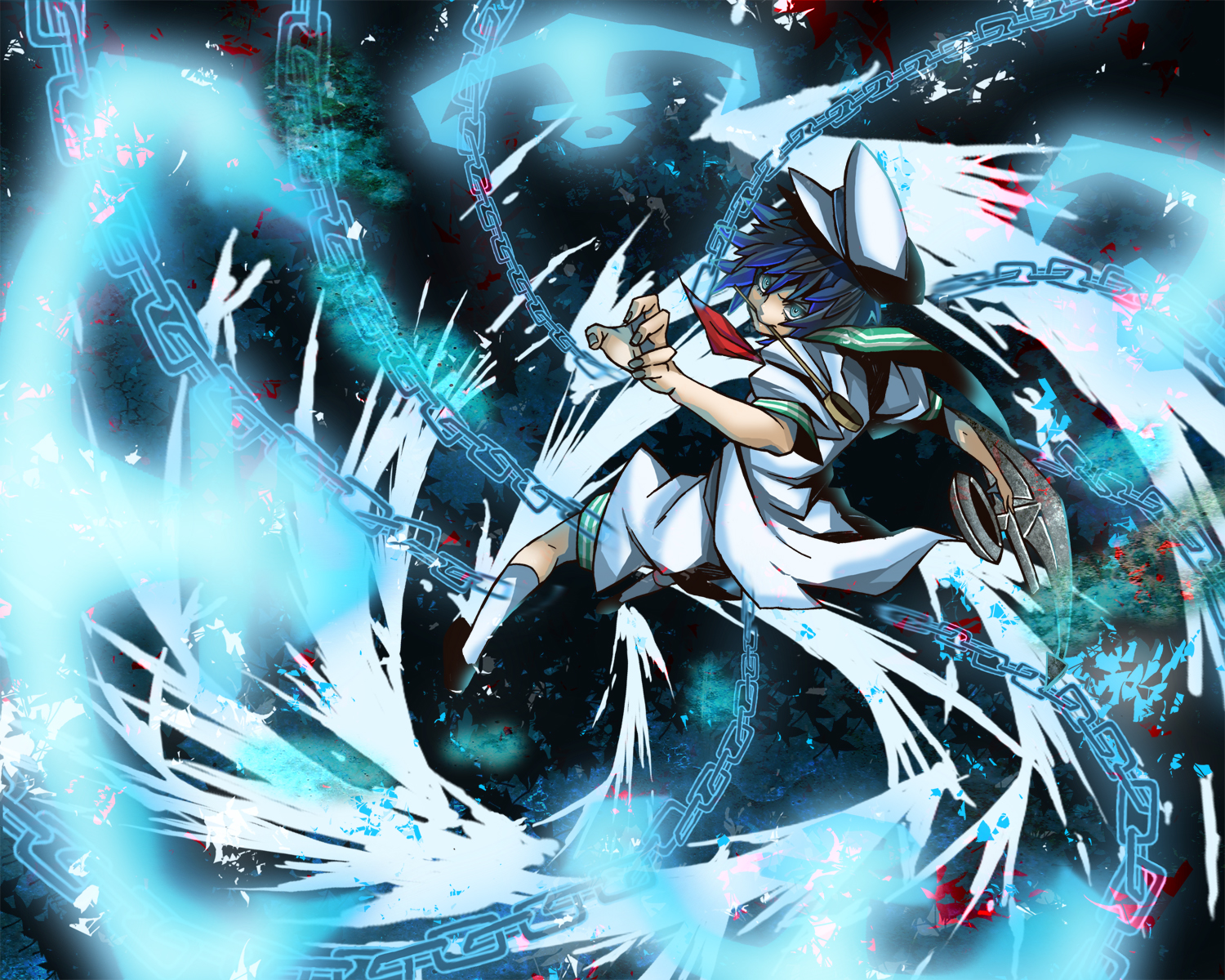 blue_eyes, blue_hair, chain, hat, iro_marimo, murasa_minamitsu, tie, touhou