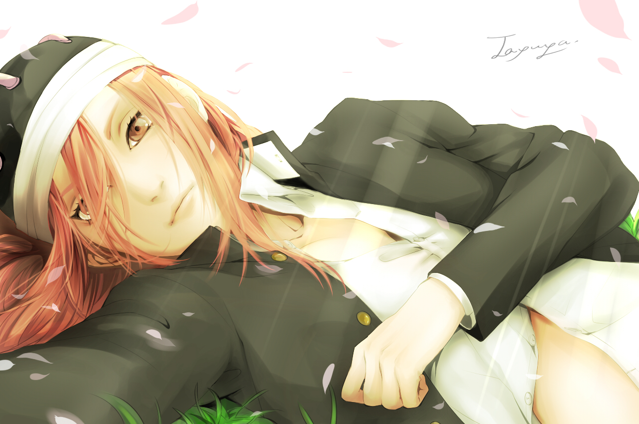 brown_eyes, hat, kazari_tayu, naruto, petals, red_hair, signed, tayuya