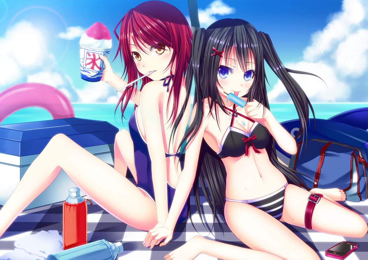 beach, bikini, black_hair, blue_eyes, kazeoto_kirito, original, phone, popsicle