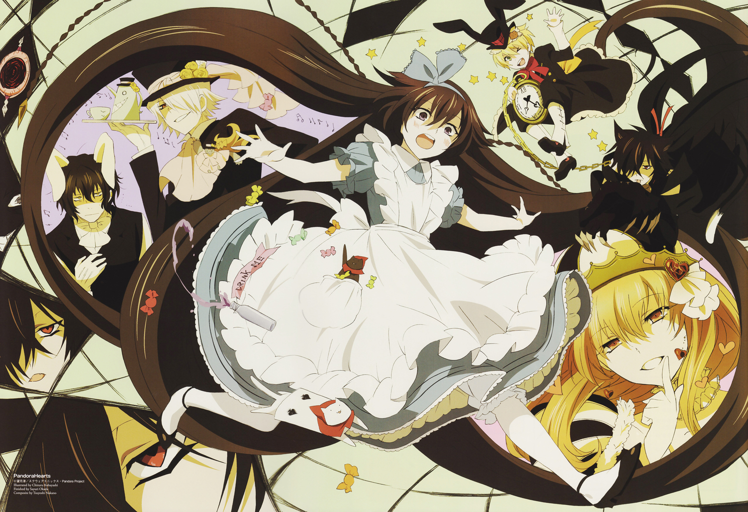 alice_in_wonderland, alice_(pandora_hearts), alice_(wonderland), animal_ears, cheshire_cat, crossover, emily_(pandora_hearts), gilbert_nightray, oz_vessalius, pandora_hearts, parody, scan, sharon_rainsworth, watermark