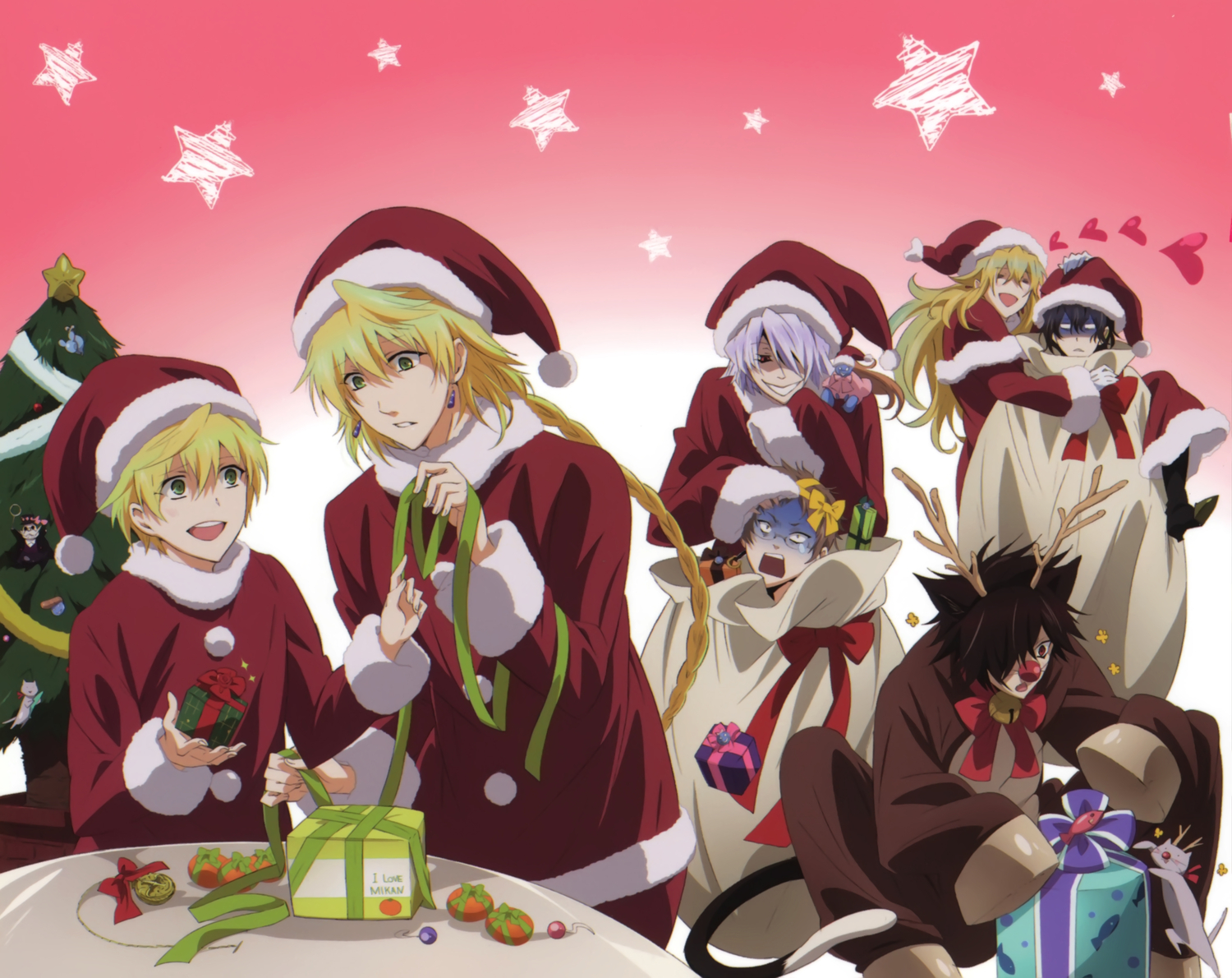 all_male, cheshire_cat, christmas, eliot_nightray, emily_(pandora_hearts), gilbert_nightray, hat, male