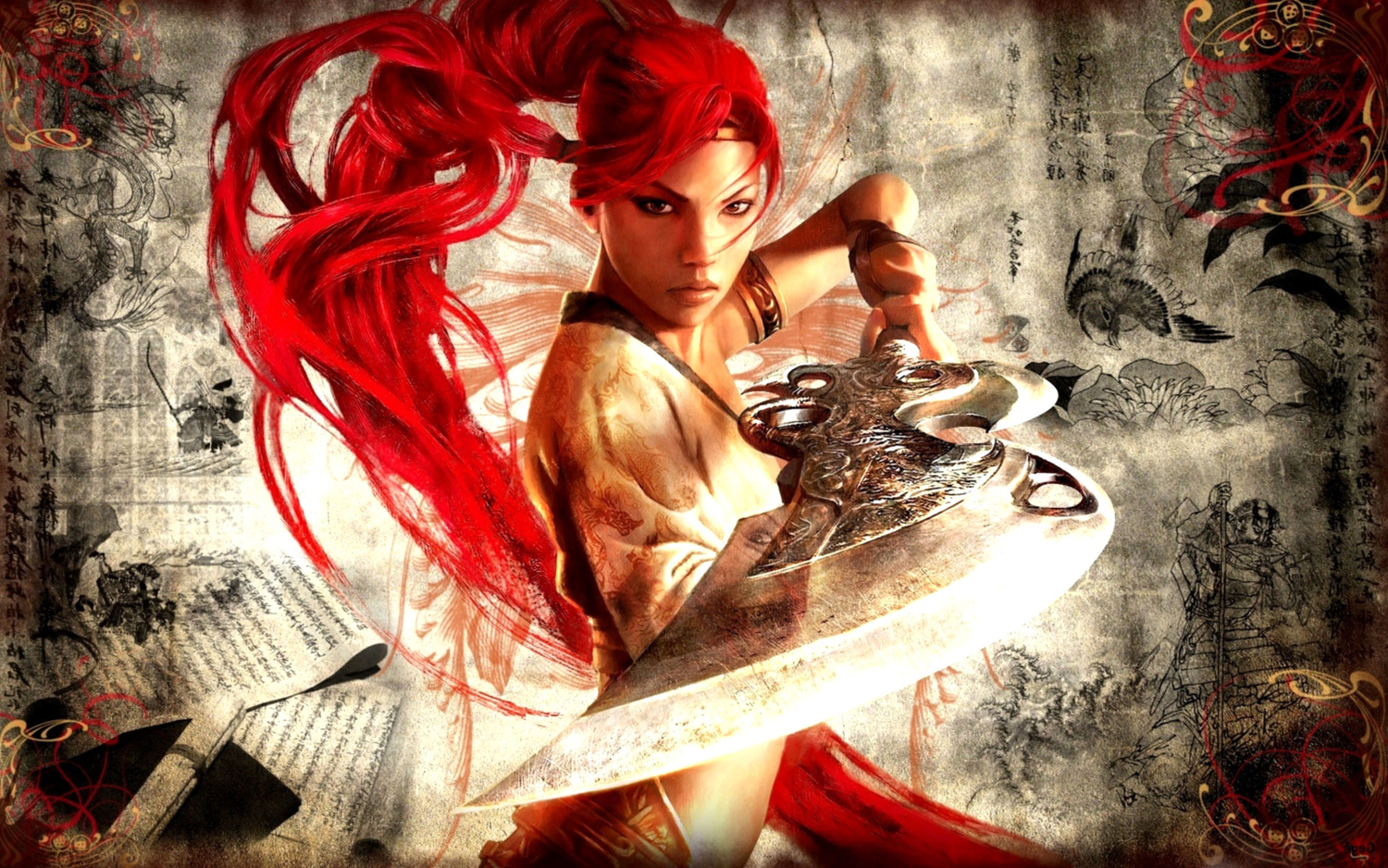heavenly_sword, nariko, ponytail, red_hair, weapon