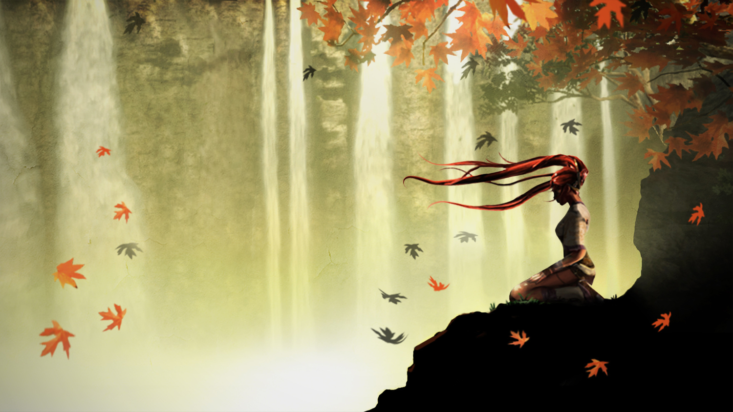 autumn, heavenly_sword, leaves, nariko, ponytail, red_hair