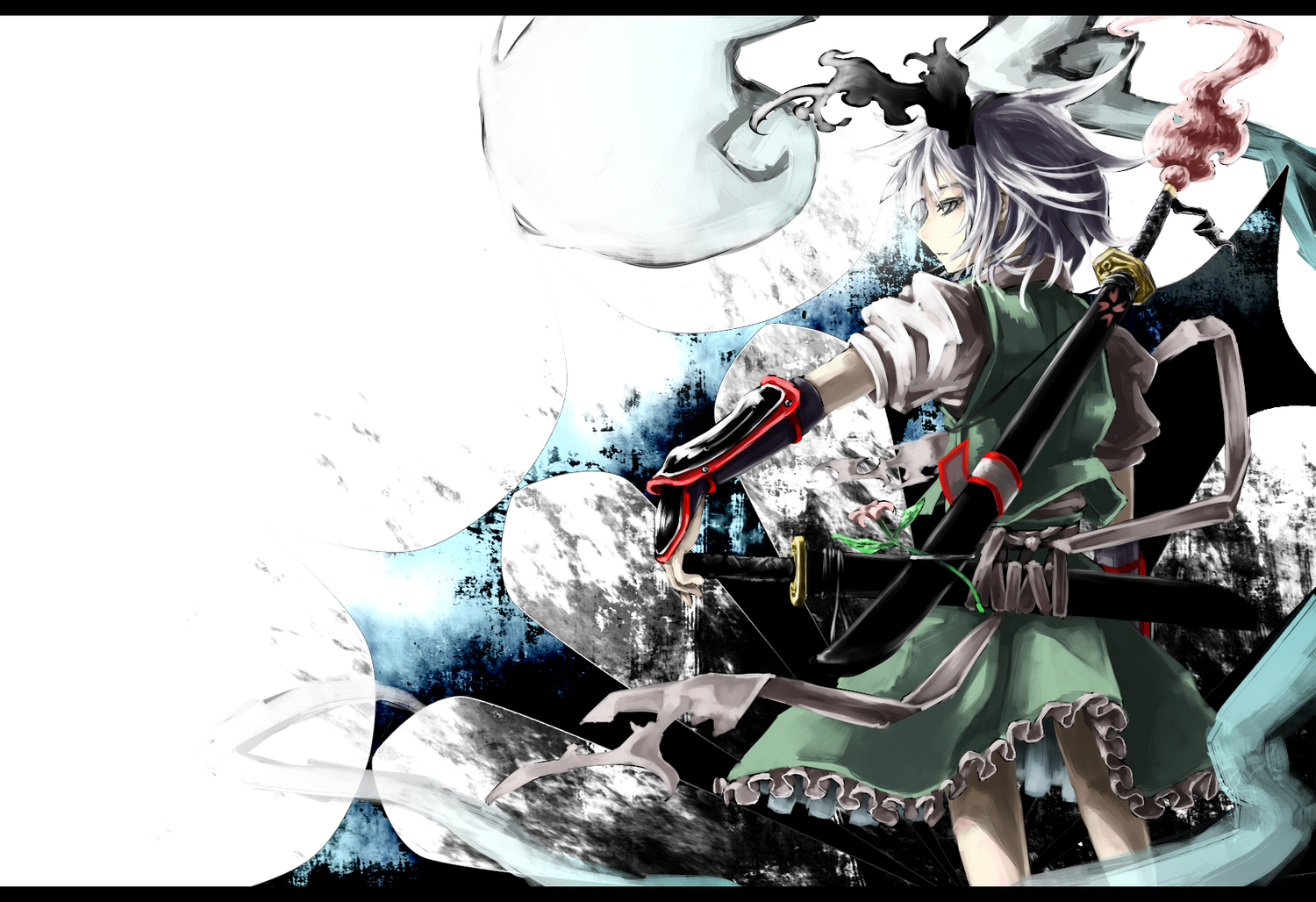 akihira_fujinohara, armor, blue_eyes, gray_hair, katana, konpaku_youmu, myon, short_hair