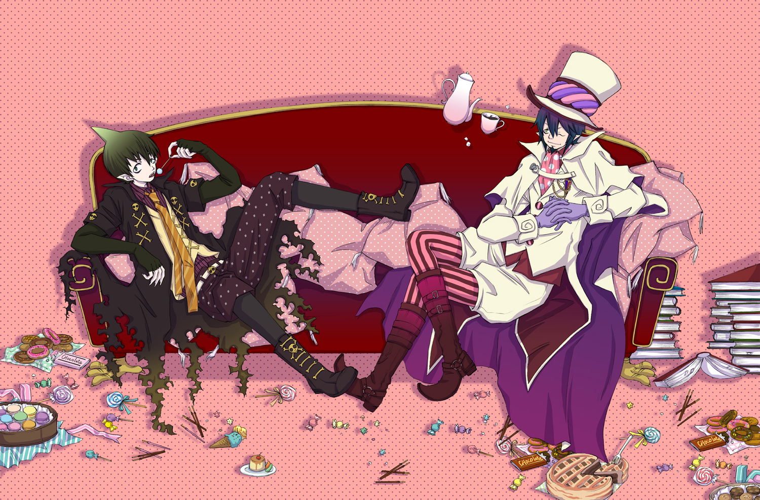 all_male, amaimon, ao_no_exorcist, candy, food, male, mephisto_pheles, pointed_ears