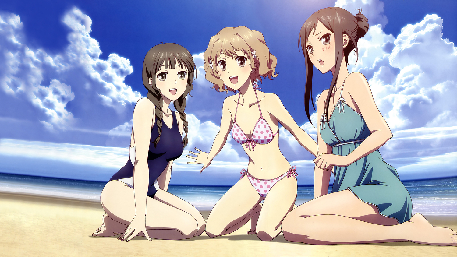 bikini, clouds, hanasaku_iroha, matsumae_ohana, oshimizu_nako, sky, swimsuit, tsurugi_minko