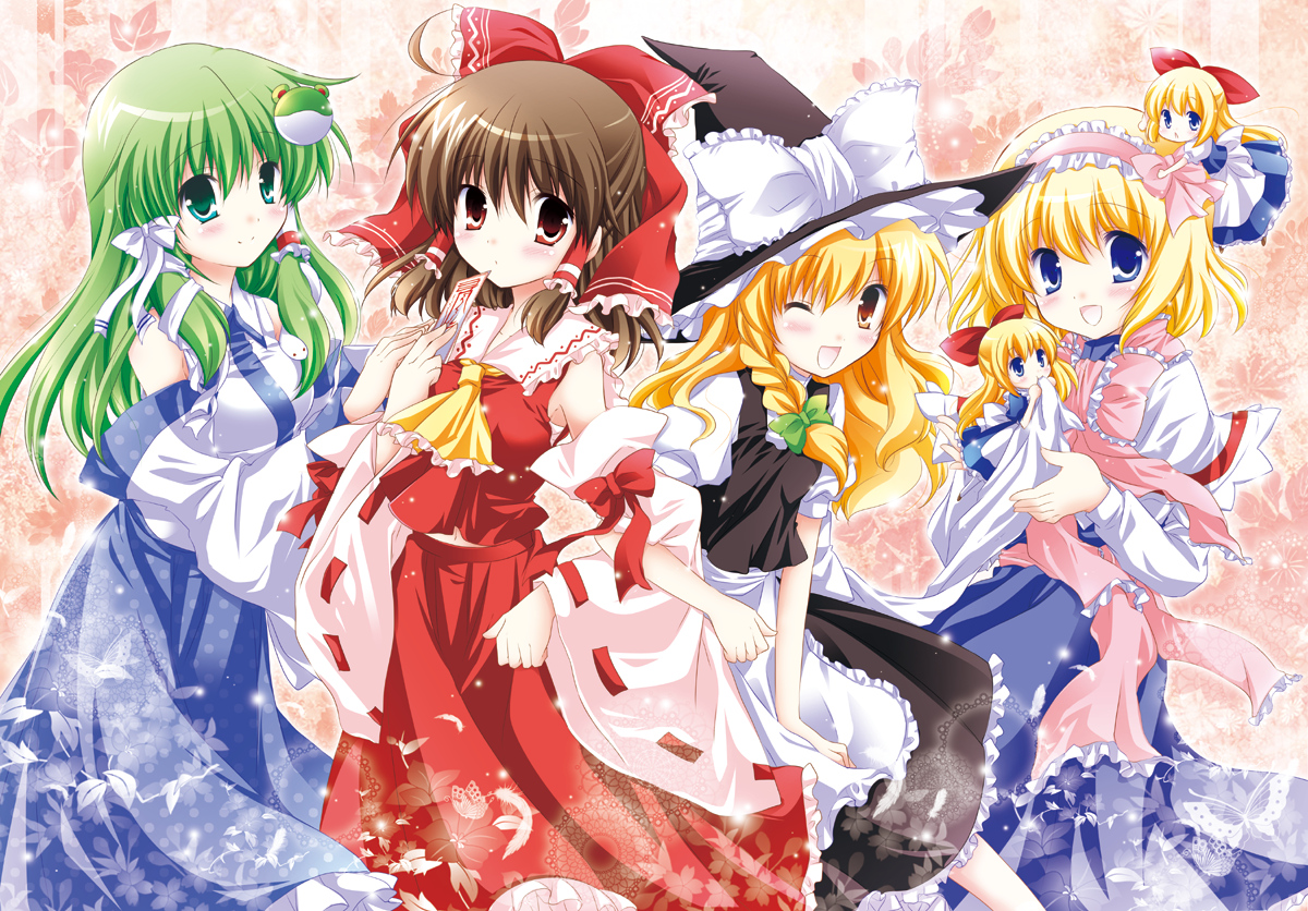 alice_margatroid, doll, group, hakurei_reimu, japanese_clothes, kirisame_marisa, kochiya_sanae, miko, ofuda, shanghai_doll, touhou, white-brown, witch