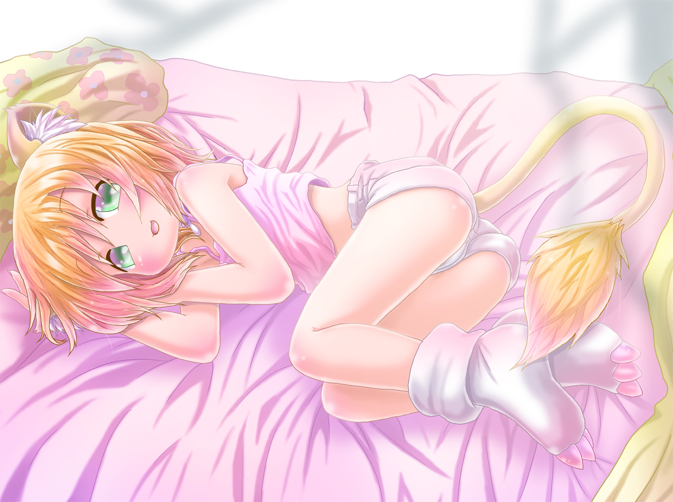 animal_ears, bed, blonde_hair, green_eyes, loli, renaoka, short_hair, shorts, tagme, tail