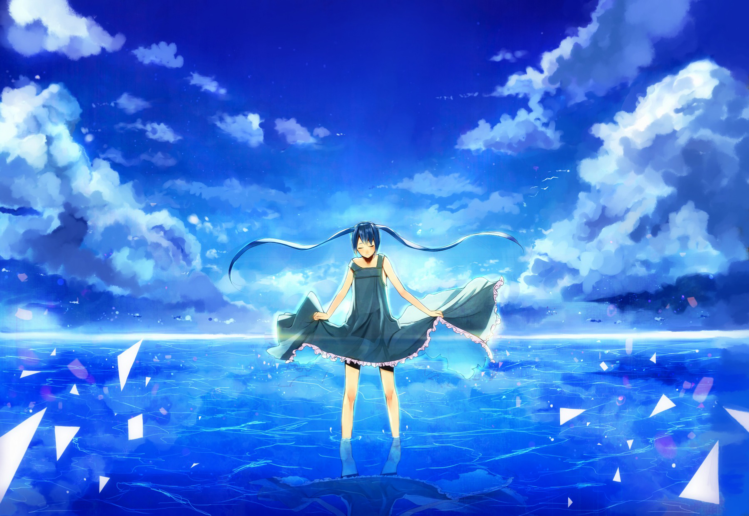 animal, bird, blue_hair, clouds, dress, hatsune_miku, ichiko_oharu, long_hair