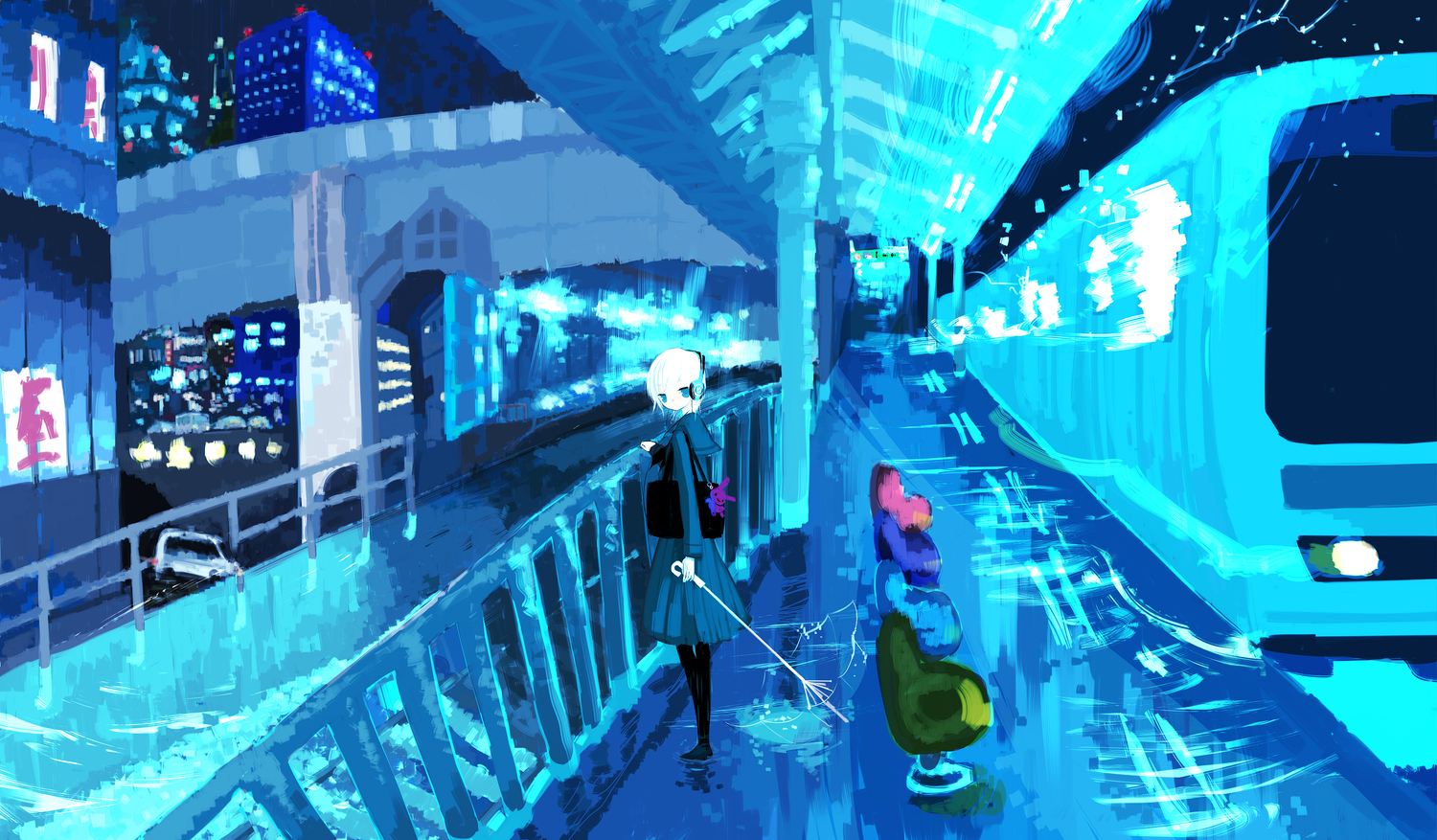 blue, blue_eyes, city, headphones, jippun_maru, umbrella, white_hair