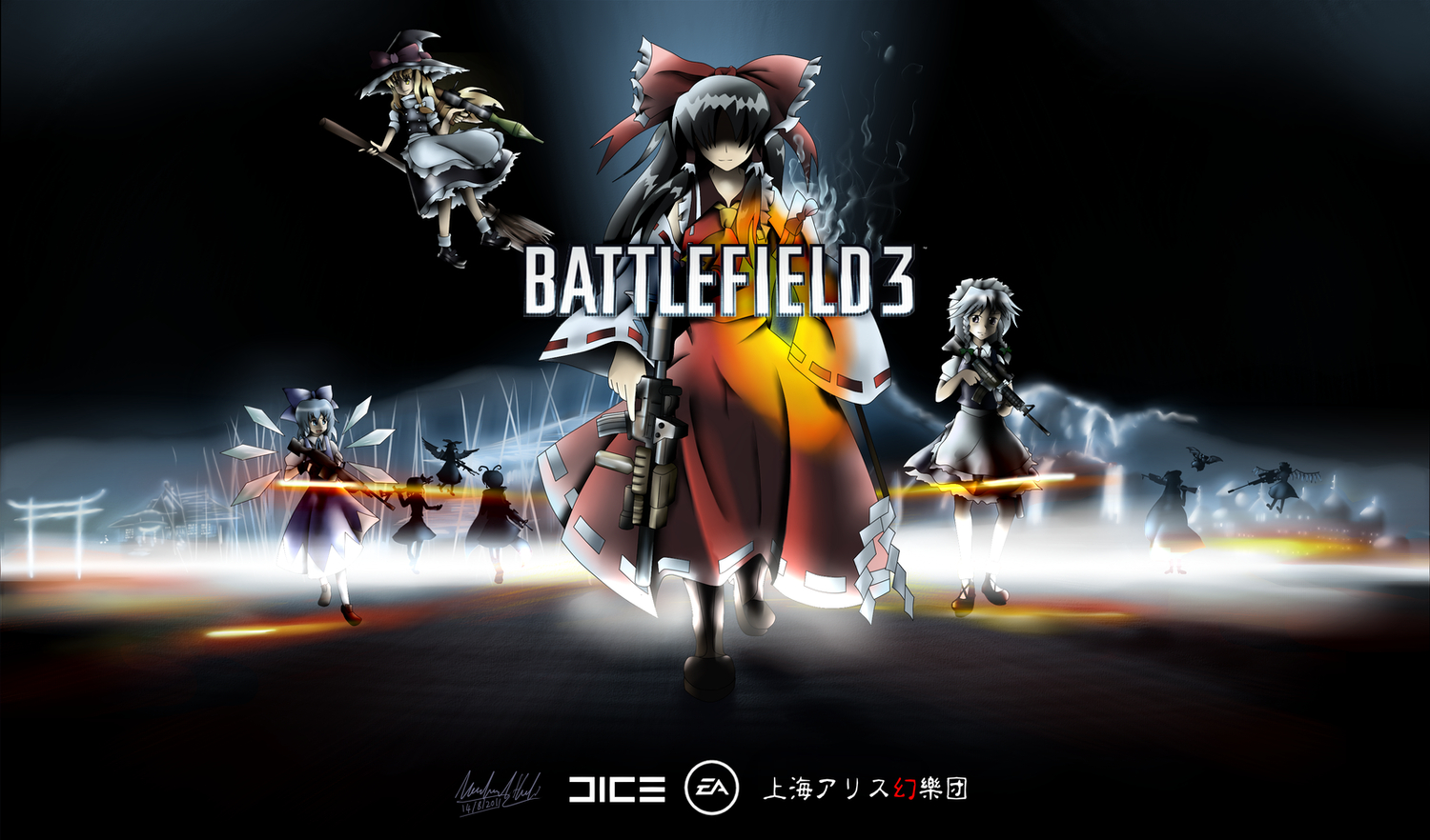 battlefield_3, black_hair, blonde_hair, cirno, fairy, flandre_scarlet, gray_hair, group, gun, hakurei_reimu, hong_meiling, izayoi_sakuya, japanese_clothes, kirisame_marisa, long_hair, maid, miko, mystia_lorelei, parody, remilia_scarlet, rumia, short_hair, signed, touhou, vampire, weapon, wings, witch, wriggle_nightbug