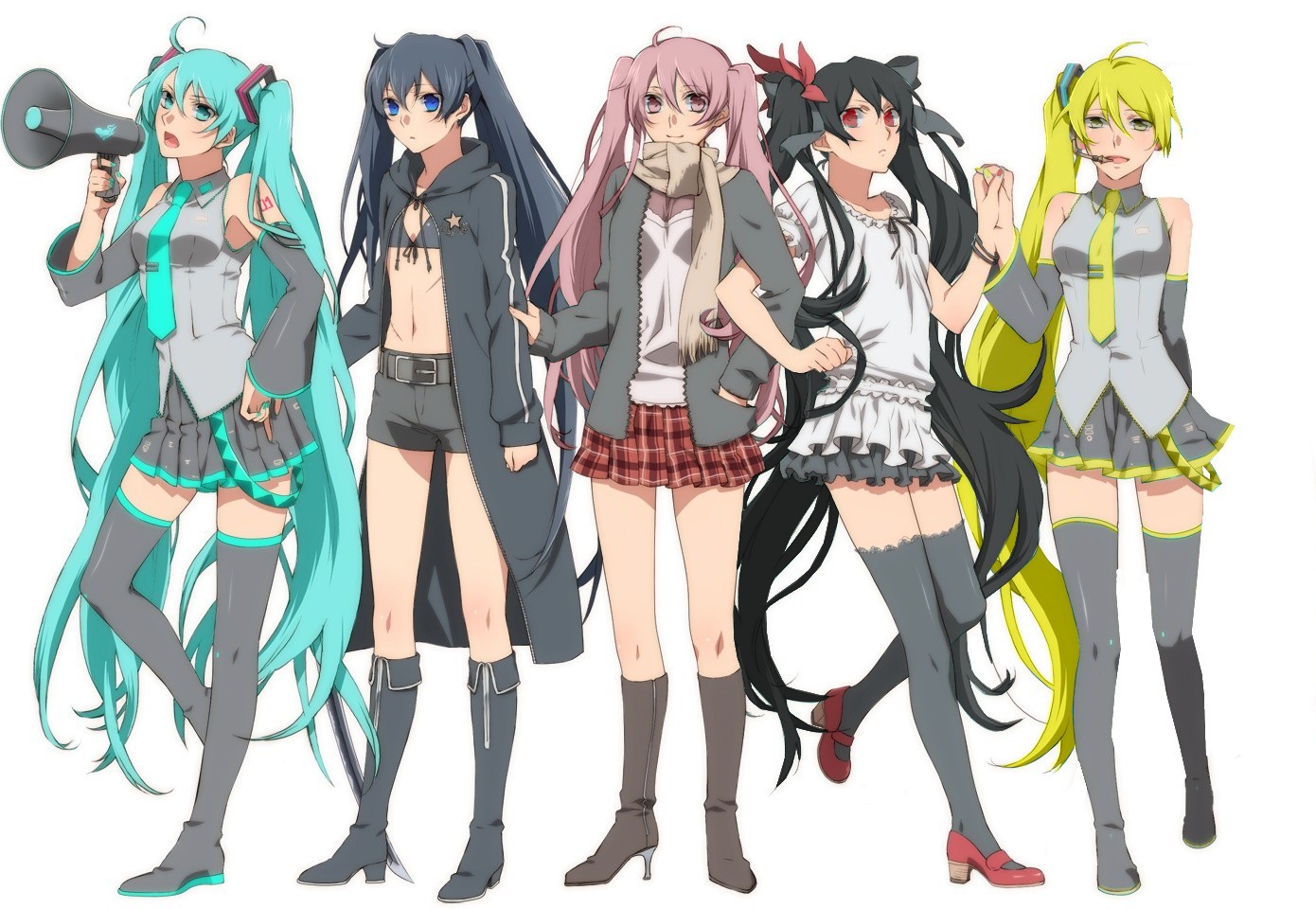 akita_neru, black_rock_shooter, crossover, dress, group, hatsune_miku, jpeg_artifacts, koi_wa_sensou_(vocaloid)