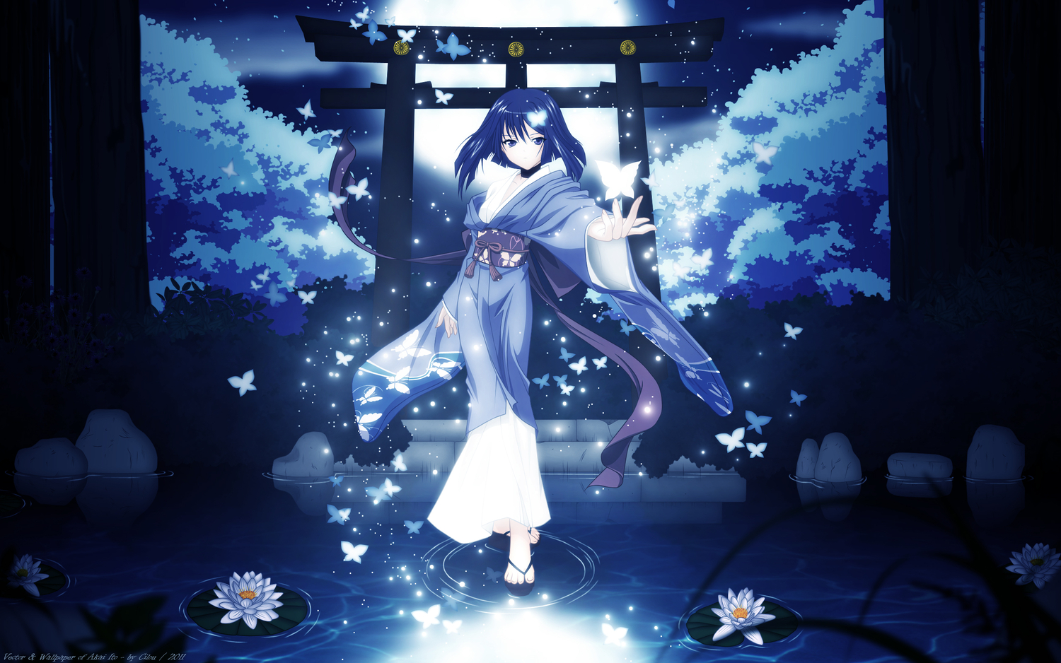 akai_ito, butterfly, flowers, hatou_yumei, japanese_clothes, moon, night, purple_eyes, purple_hair, short_hair, tree, vector, water, yukata