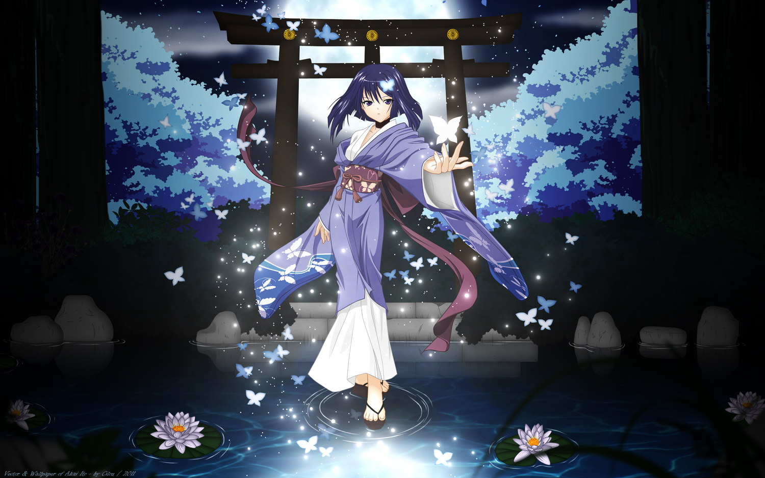 akai_ito, butterfly, flowers, hatou_yumei, japanese_clothes, moon, night, purple_eyes, purple_hair, short_hair, tree, vector, water, yasaka_minato, yukata