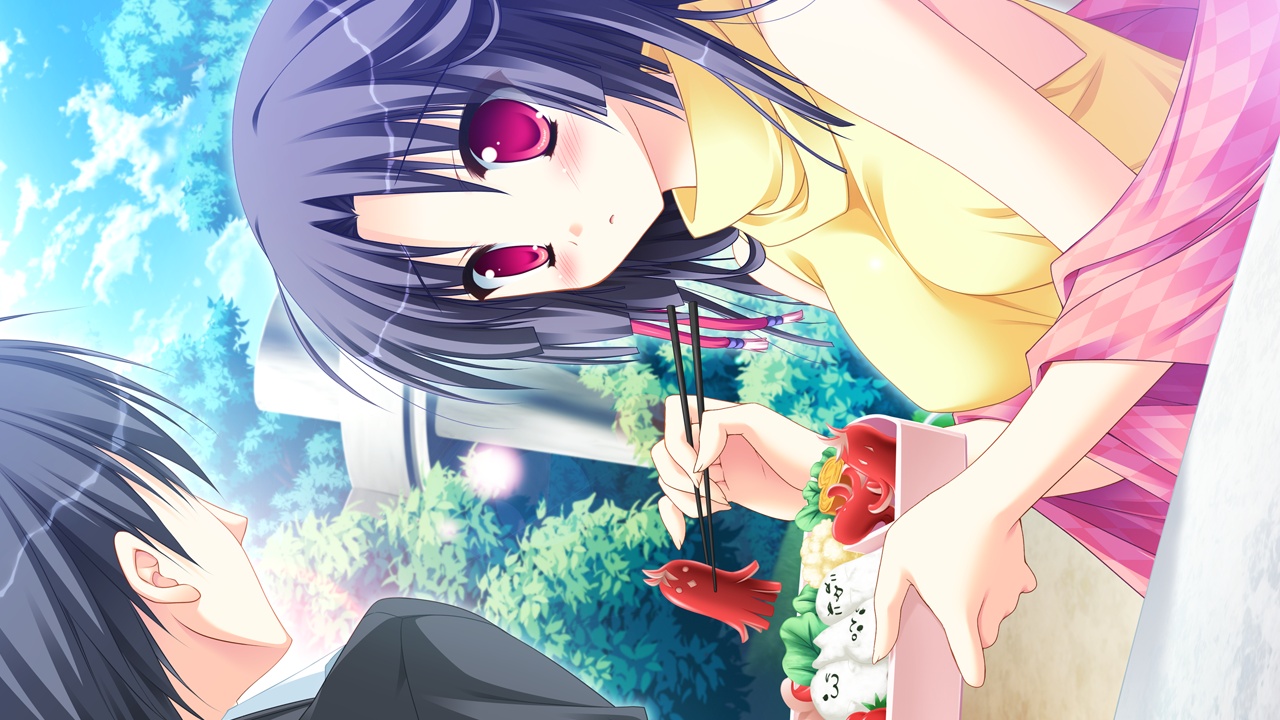 black_hair, blush, diamic_days, food, game_cg, jpeg_artifacts, lump_of_sugar, pink_eyes