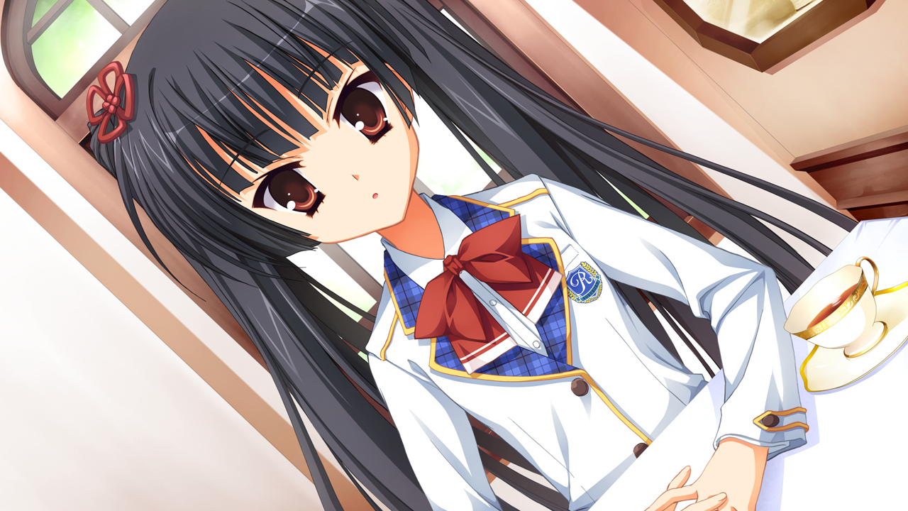 black_hair, drink, game_cg, kobuichi, masamune_shizuru, noble_works, red_eyes, school_uniform