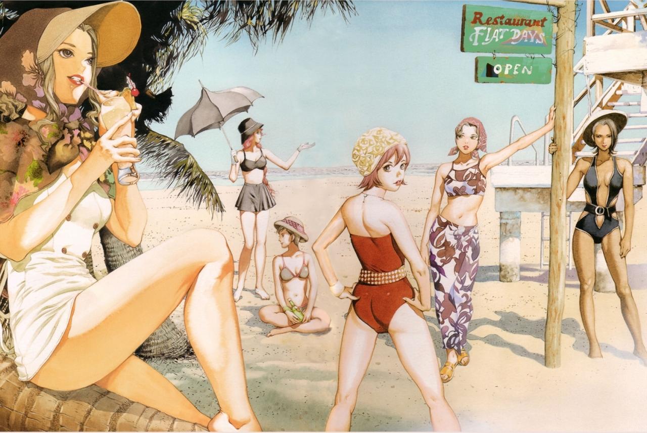 beach, bikini_top, elvy_hadhiyat, hat, hotaru_kim, kisaragi_quon, nanamori_sayoko, rahxephon, shitou_haruka, shitou_megumi, short_hair, skirt, sky, swimsuit, tagme, umbrella