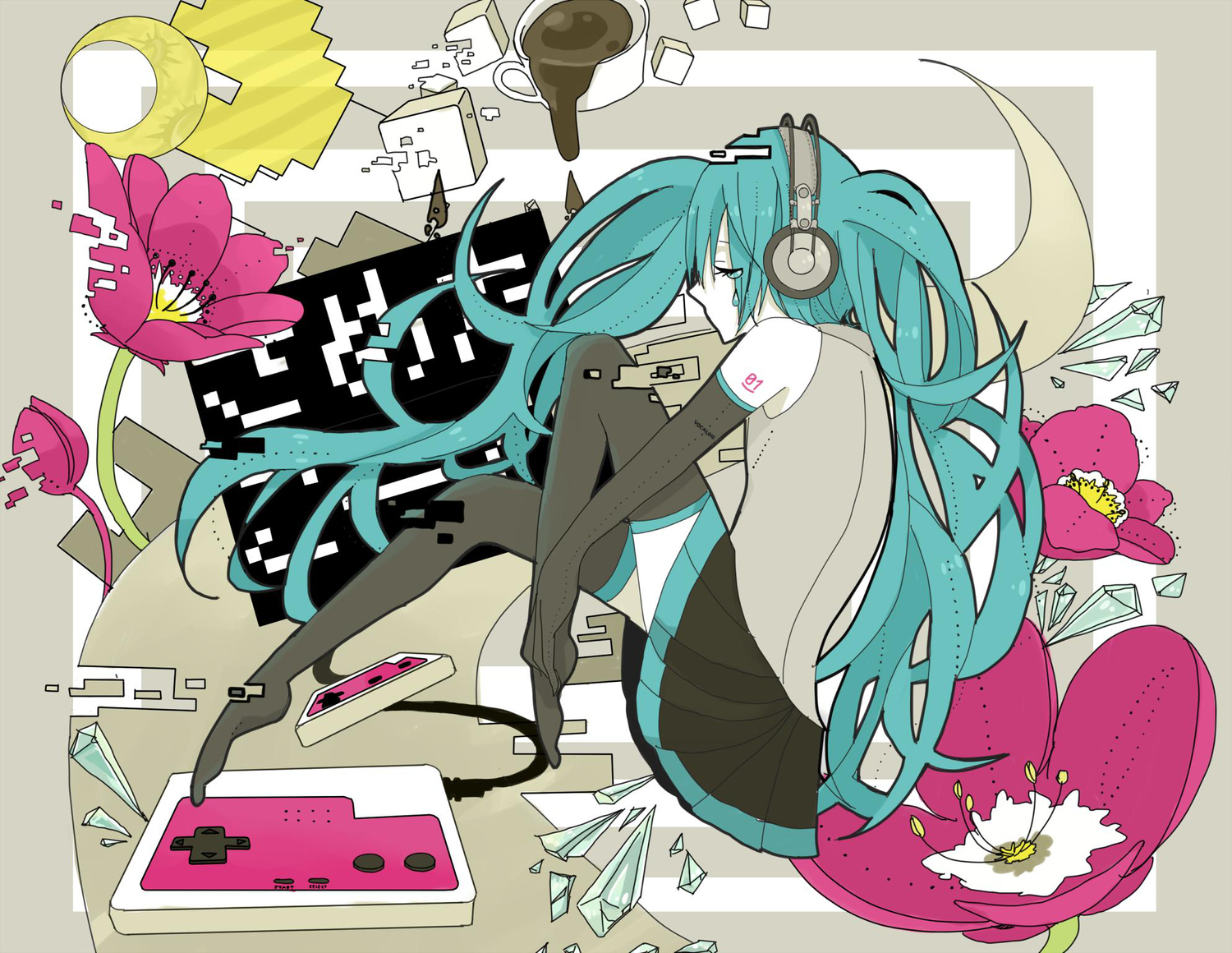 blue_hair, drink, elbow_gloves, flowers, gloves, hatsune_miku, headphones, jpeg_artifacts, long_hair, miya_(artist), moon, polychromatic, skirt, tears, thighhighs, twintails, vocaloid