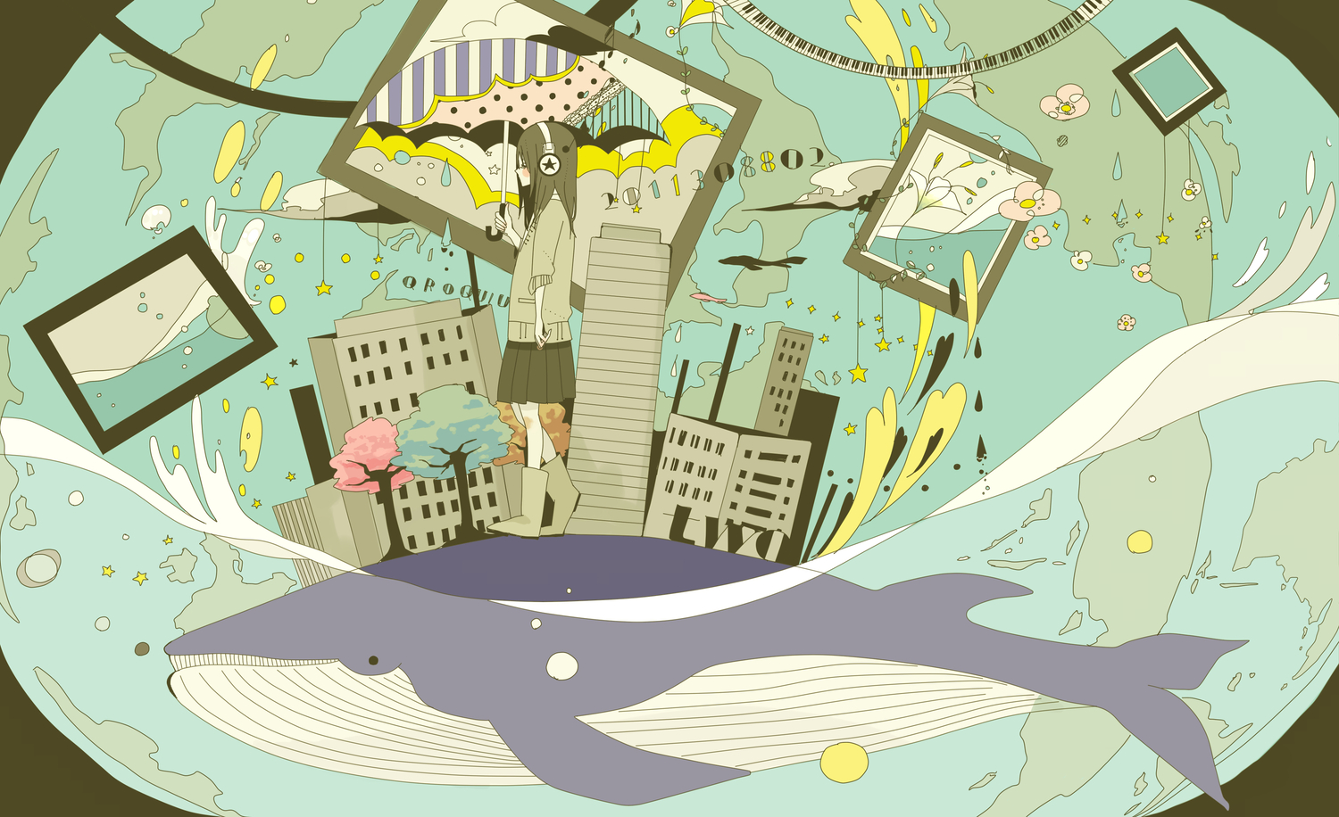 animal, blush, city, headphones, miya_(artist), original, polychromatic, rain, skirt, tagme, tree, water