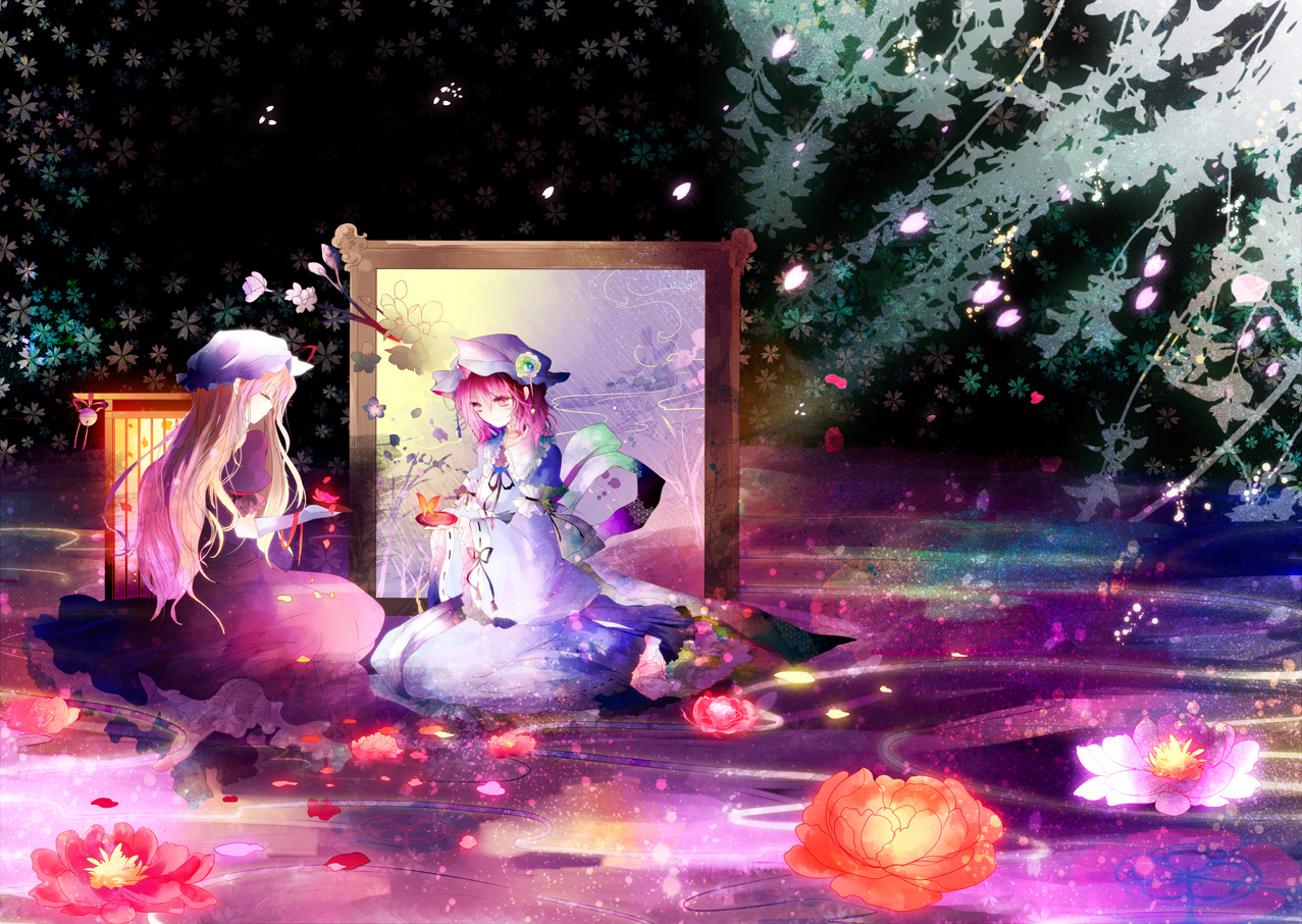 dress, flowers, hat, kazu_(muchuukai), petals, saigyouji_yuyuko, touhou, water