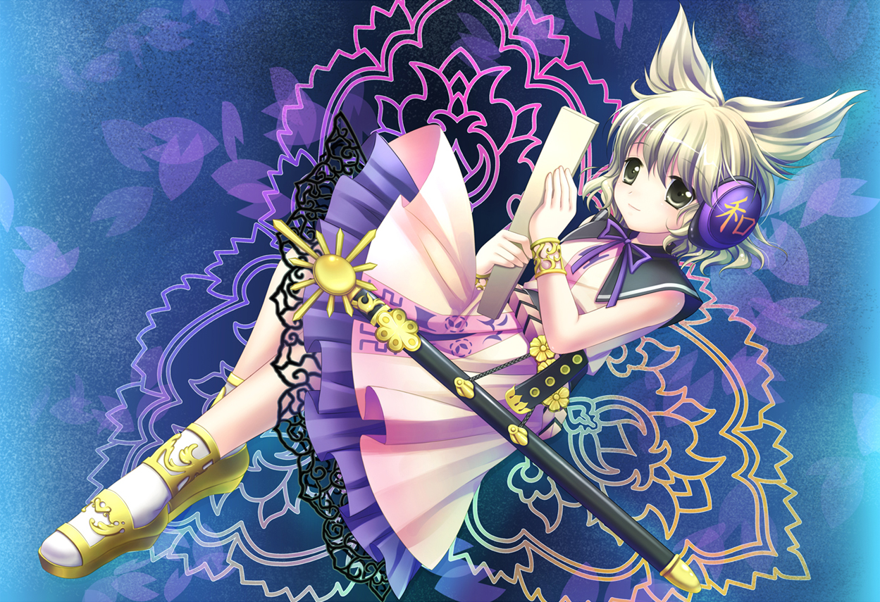 dress, headphones, ribbons, sword, takatsukasa_yue, touhou, toyosatomimi_no_miko, weapon