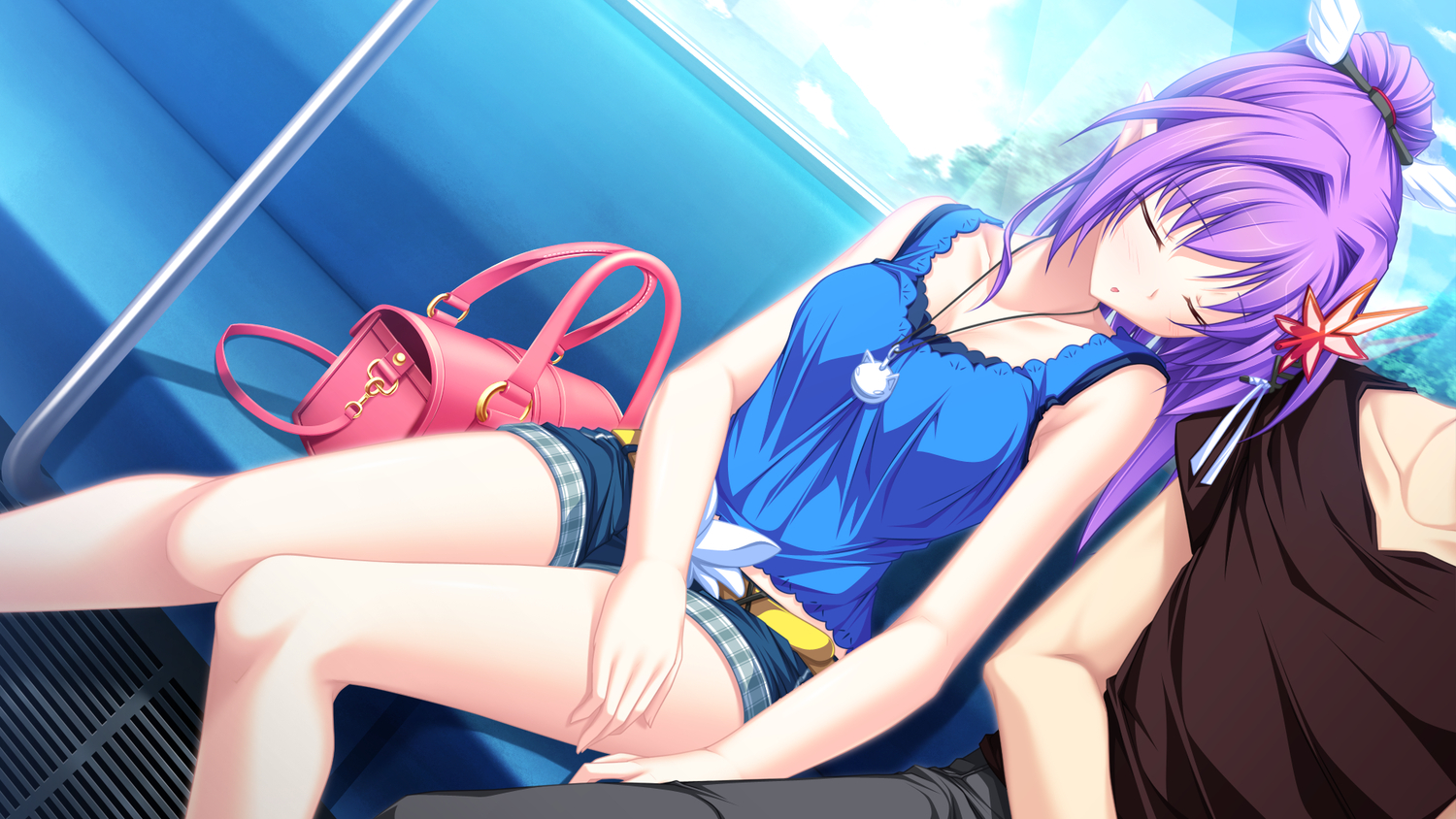 game_cg, kureha_(maikaze_no_melt), maikaze_no_melt, pointed_ears, purple_hair, sleeping, tenmaso, whirlpool