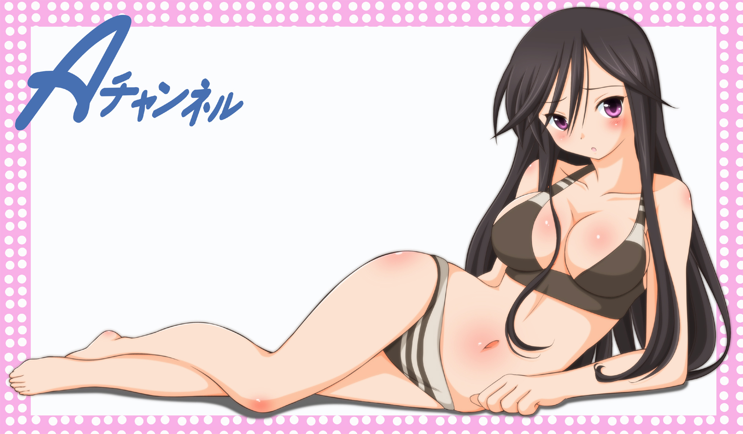 a_channel, barefoot, bikini, blush, breasts, cleavage, ichigo-mi, nishi_yuuko, purple_eyes, swimsuit