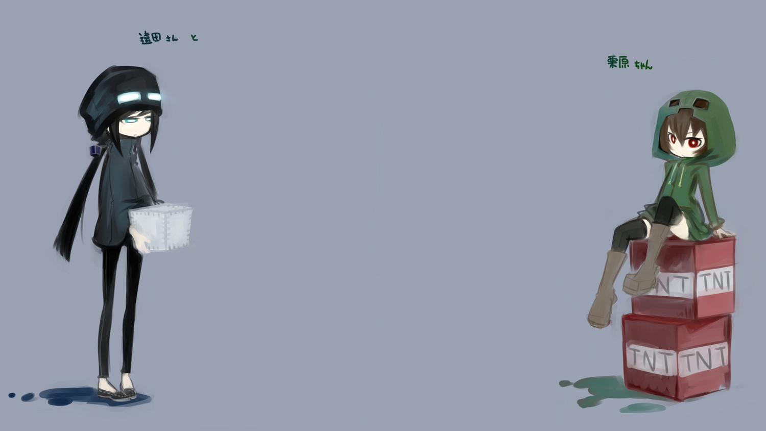 anthropomorphism, aqua_eyes, black_hair, boots, brown_hair, creeper, enderman, hood