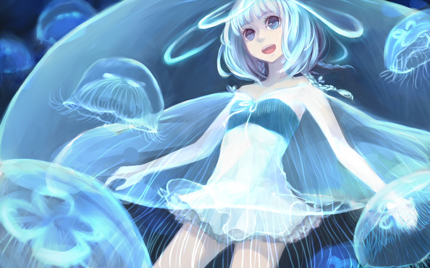 animal, blue, blue_eyes, braids, denpa_usagi, dress, original, see_through, short_hair, underwater, water