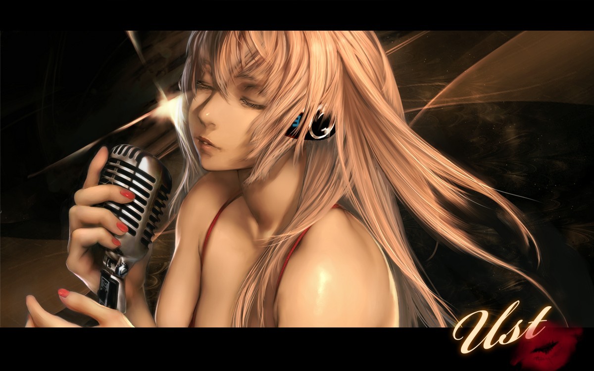 headphones, kazakami_yuu, long_hair, megurine_luka, microphone, pink_hair, realistic, vocaloid