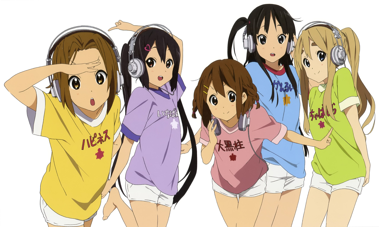 akiyama_mio, headphones, hirasawa_yui, horiguchi_yukiko, k-on!, kotobuki_tsumugi, nakano_azusa, shorts