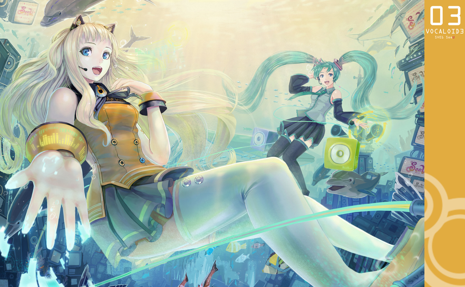 aqua_hair, blonde_hair, hatsune_miku, hwansang, long_hair, seeu, skirt, thighhighs