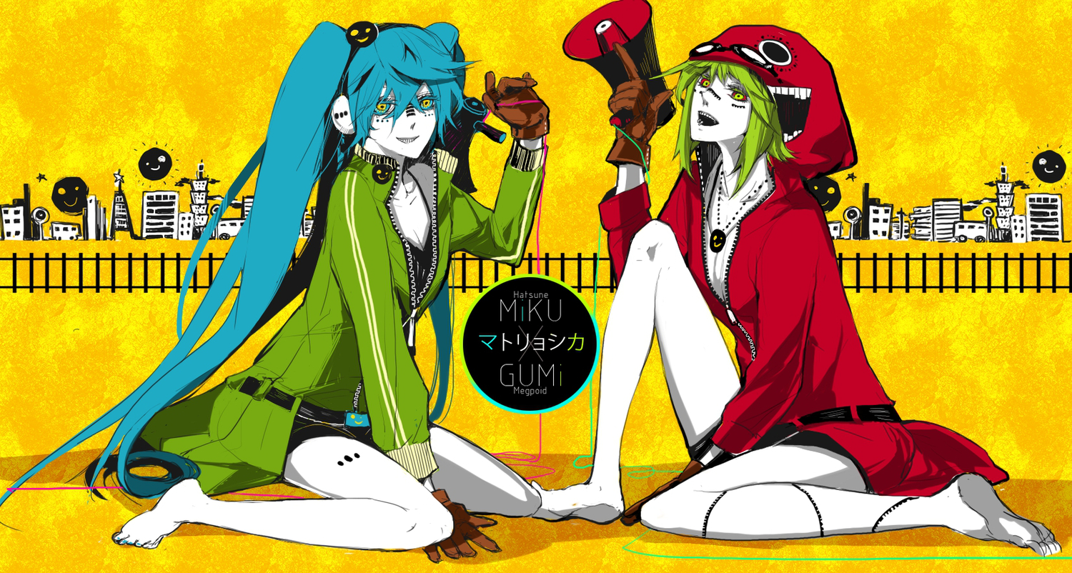 blue_hair, city, green_hair, gumi, hatsune_miku, long_hair, matryoshka_(vocaloid), short_hair