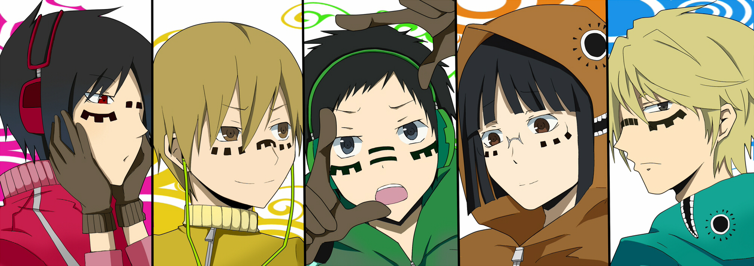 durarara!!, group, headphones, heiwajima_shizuo, kida_masaomi, male, matryoshka_(vocaloid), orihara_izaya
