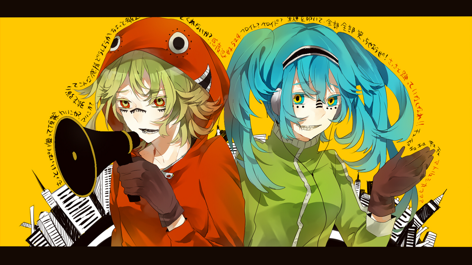 blue_hair, green_hair, gumi, hatsune_miku, headphones, jpeg_artifacts, long_hair, matryoshka_(vocaloid), popokuri, short_hair, twintails, vocaloid