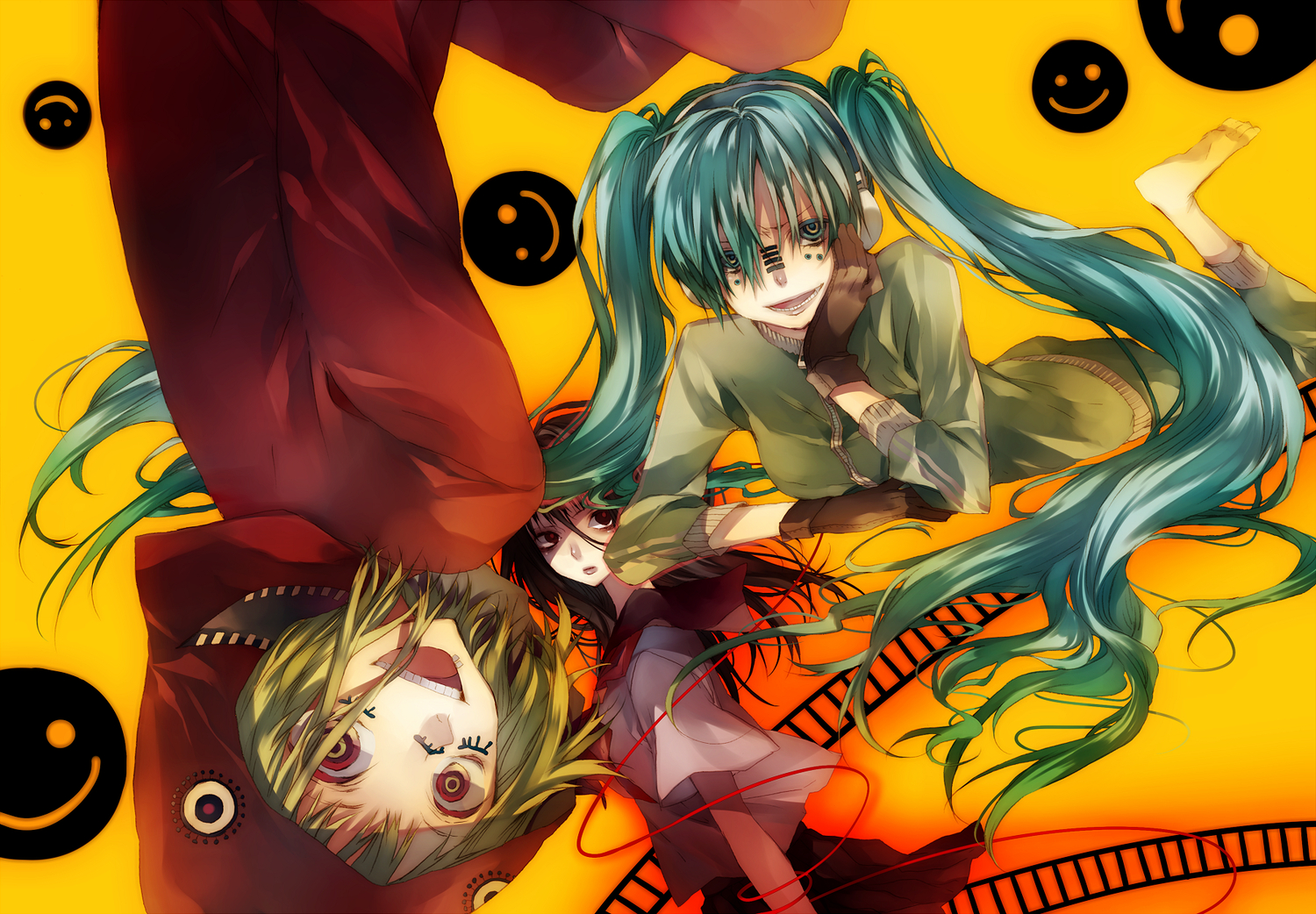 barefoot, black_hair, blue_eyes, blue_hair, gloves, green_hair, gumi, hatsune_miku, long_hair, lynne_(vocaloid), matryoshka_(vocaloid), original, red_eyes, school_uniform, short_hair, skirt, tsukioka_tsukiho, twintails, vocaloid