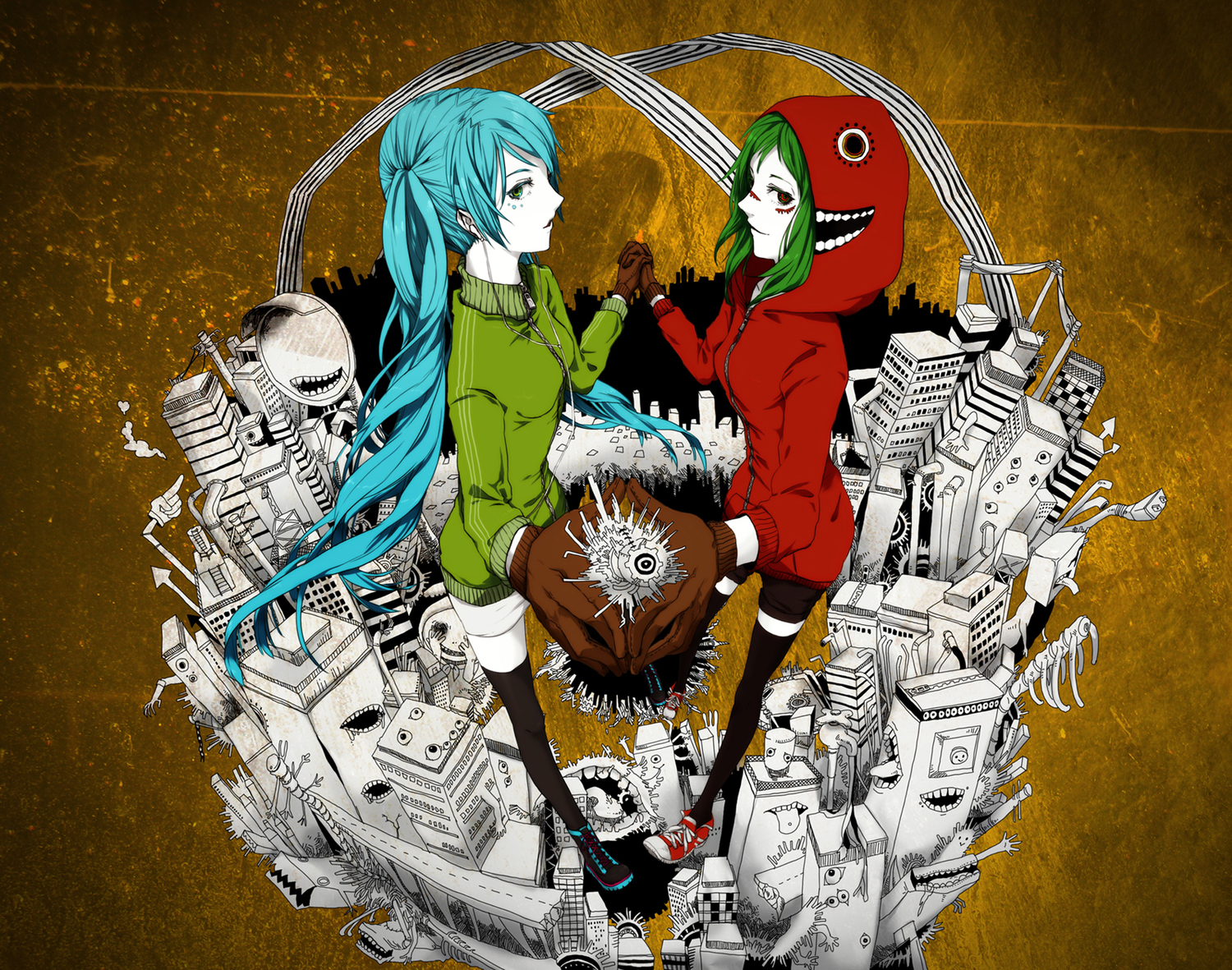 blue_hair, city, green_hair, gumi, hatsune_miku, long_hair, matryoshka_(vocaloid), short_hair