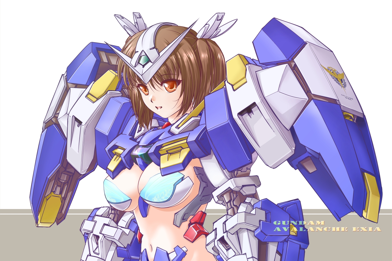 armor, breasts, brown_eyes, brown_hair, cleavage, mecha, mechagirl, mobile_suit_gundam