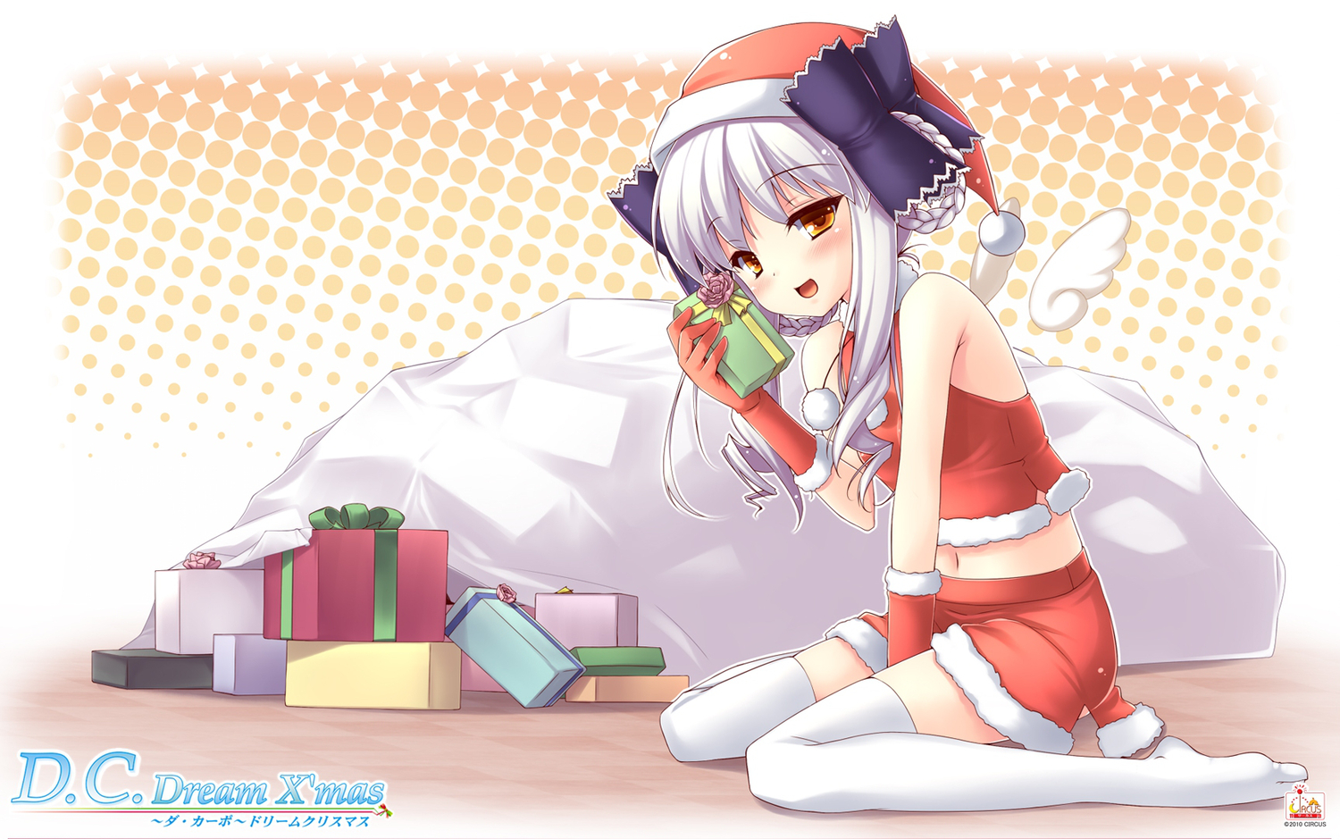 christmas, da_capo, da_capo_dream_x'mas, gloves, hat, orange_eyes, santa_costume, santa_hat, thighhighs, white_hair, wings, yukimura_anzu