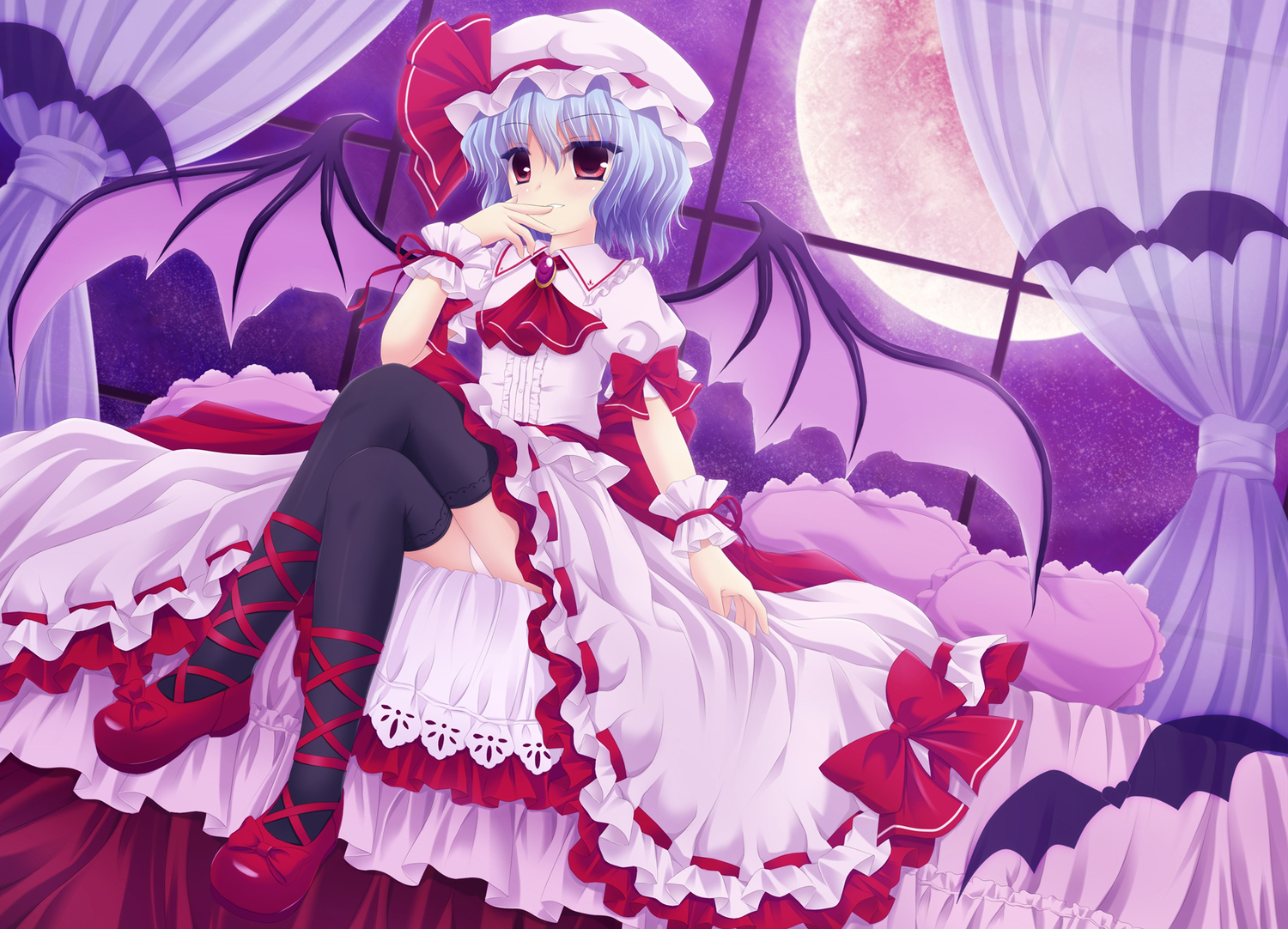 animal, bat, blue_hair, dress, hat, moon, red_eyes, remilia_scarlet