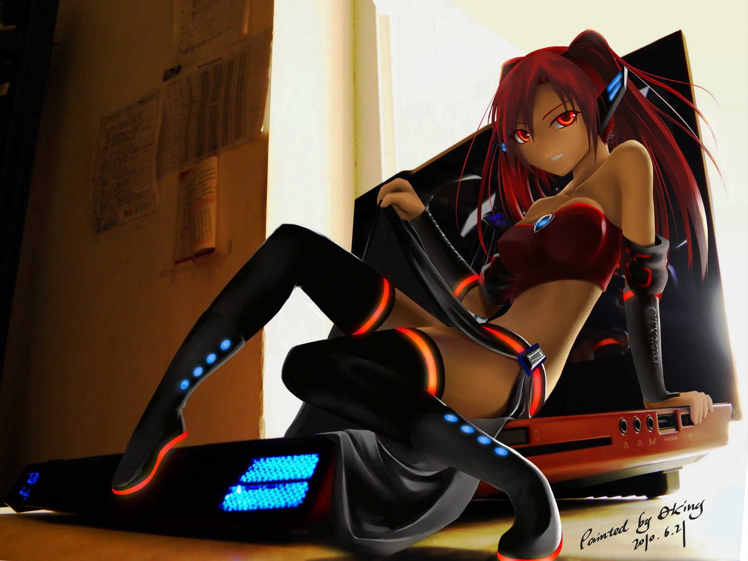 anthropomorphism, boots, breasts, cleavage, computer, long_hair, okingjo, red_eyes