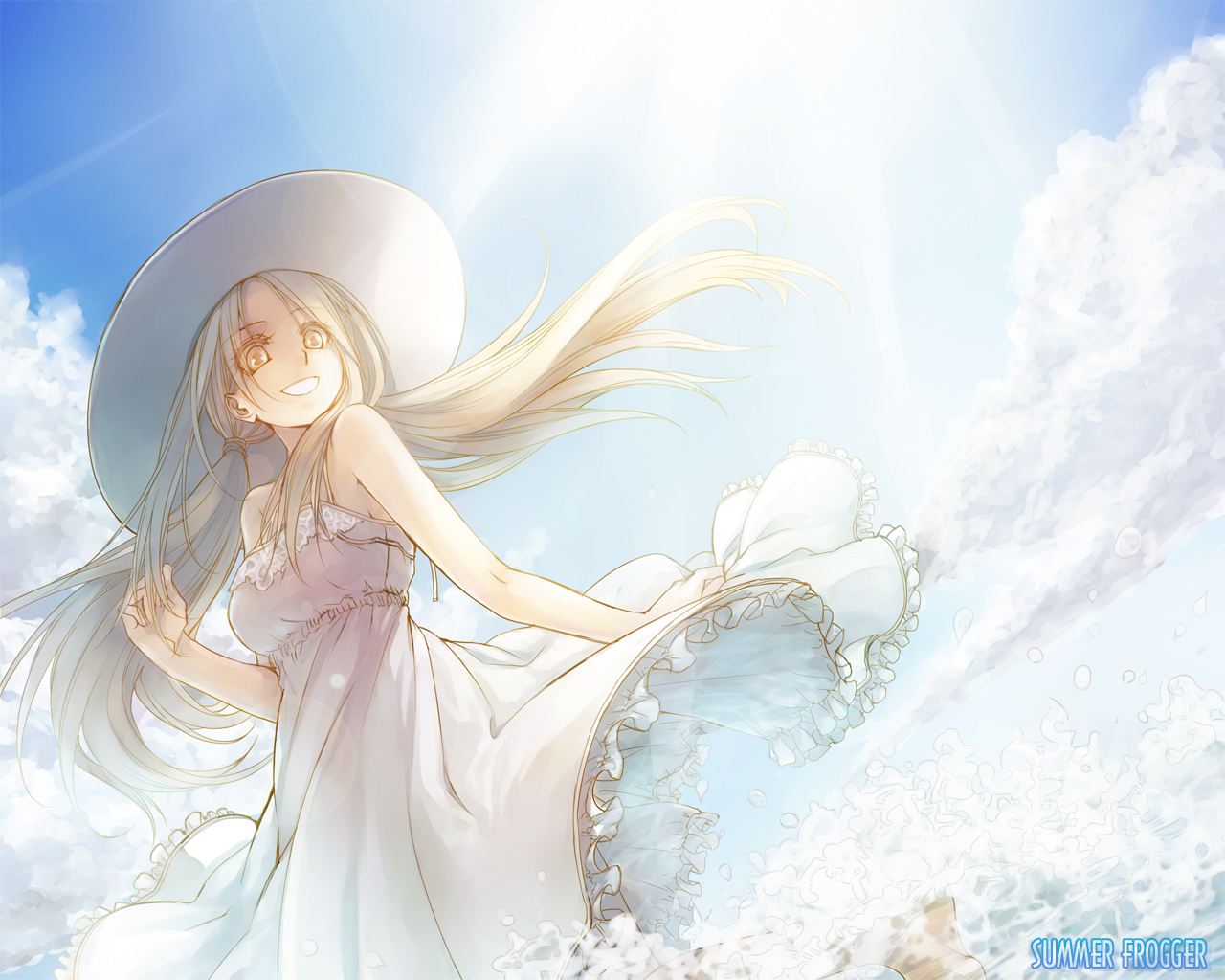 blonde_hair, clouds, dress, gray_hair, hat, long_hair, original, signed, sky, tatsuki_maki, water, yellow_eyes