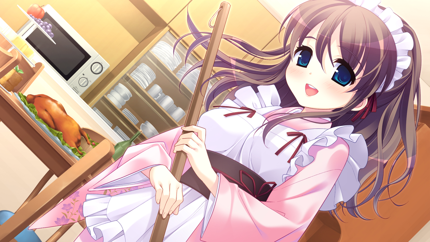 apron, blue_eyes, brown_hair, game_cg, hamashima_shigeo, hanamadoka_shino, pochi_to_goshujin-sama, skyfish