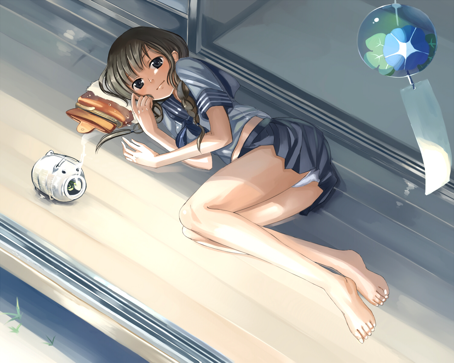 barefoot, black_eyes, braids, brown_hair, fukumaru_(ns1), hanasaku_iroha, oshimizu_nako, panties