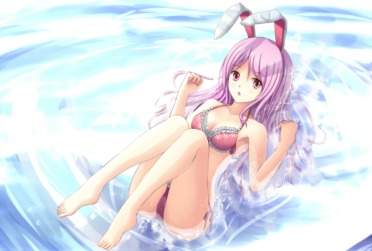 animal_ears, barefoot, bikini, bunny_ears, bunnygirl, reisen_udongein_inaba, suikakitsu_shiro, swimsuit