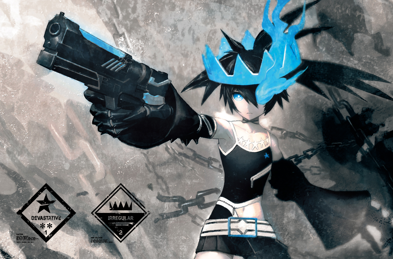 armor, black_rock_shooter, black_rock_shooter_beast, blue_eyes, chain, fire, gun, huke, kuroi_mato, skirt, twintails, weapon