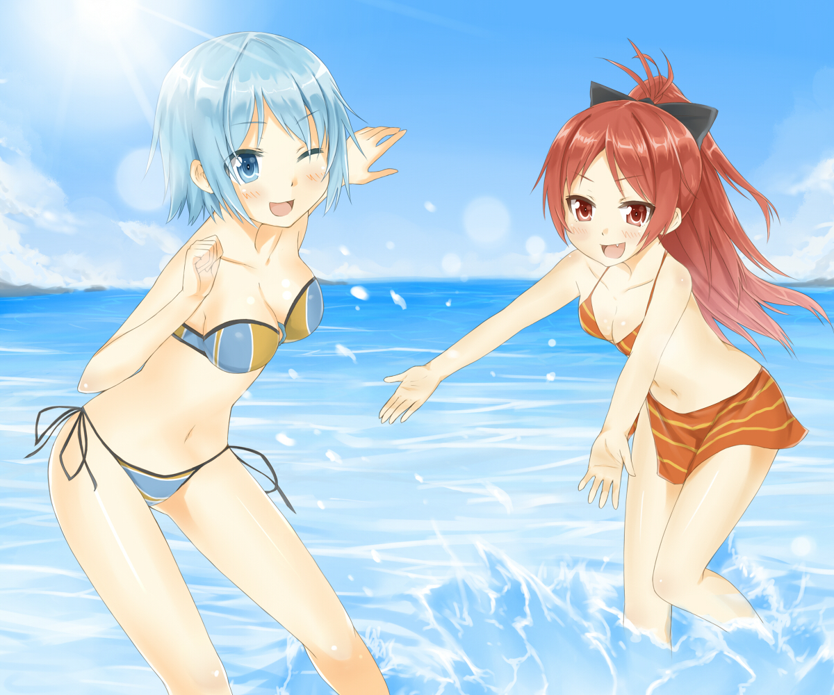 bikini, fang, heirou, mahou_shoujo_madoka_magica, miki_sayaka, ponytail, sakura_kyouko, swimsuit