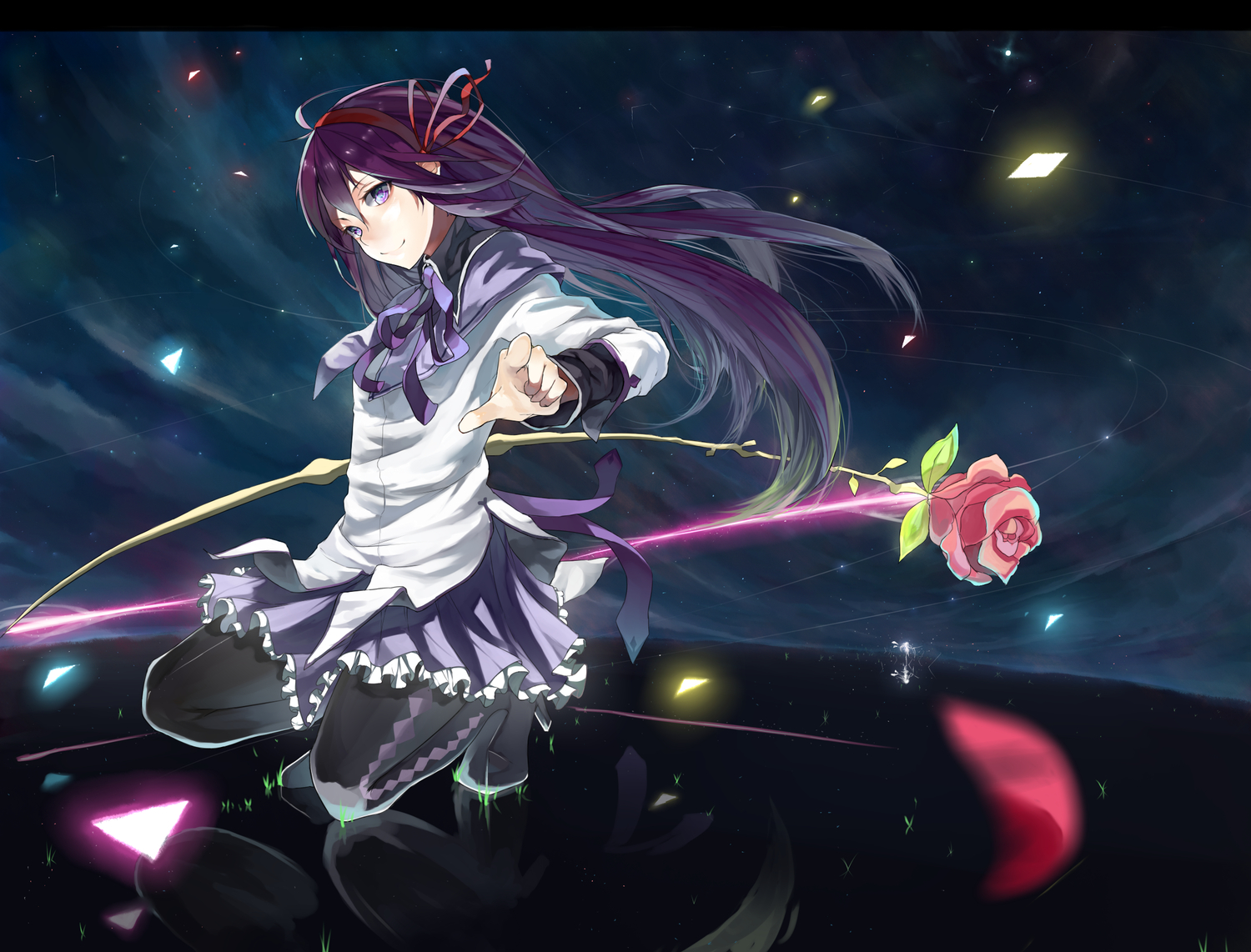 akemi_homura, flowers, kame^^, mahou_shoujo_madoka_magica, purple_eyes, purple_hair, ribbons, rose