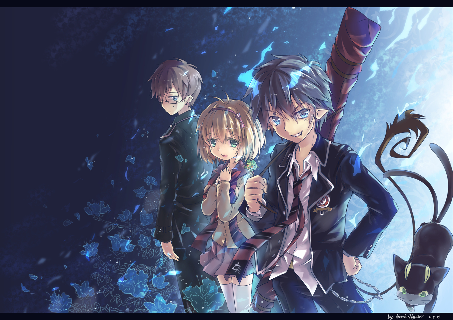 animal, ao_no_exorcist, black_hair, brown_hair, cat, fang, fire, flowers