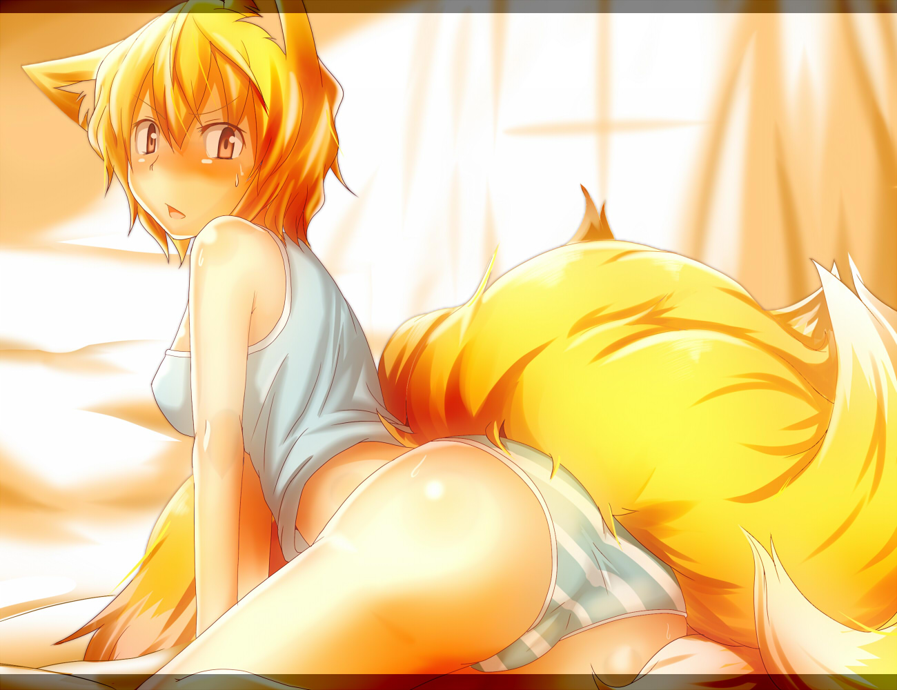 animal_ears, ass, blonde_hair, foxgirl, multiple_tails, panties, striped_panties, tail, tamahana, touhou, underwear, yakumo_ran